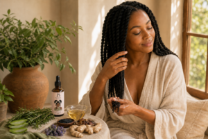 Applying Botanical Secrets Hair Growth Oil to the scalp