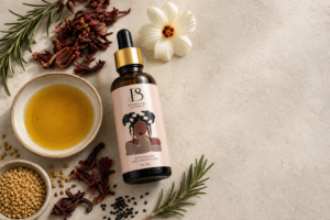 Botanical haircare ingredients and oil bottle