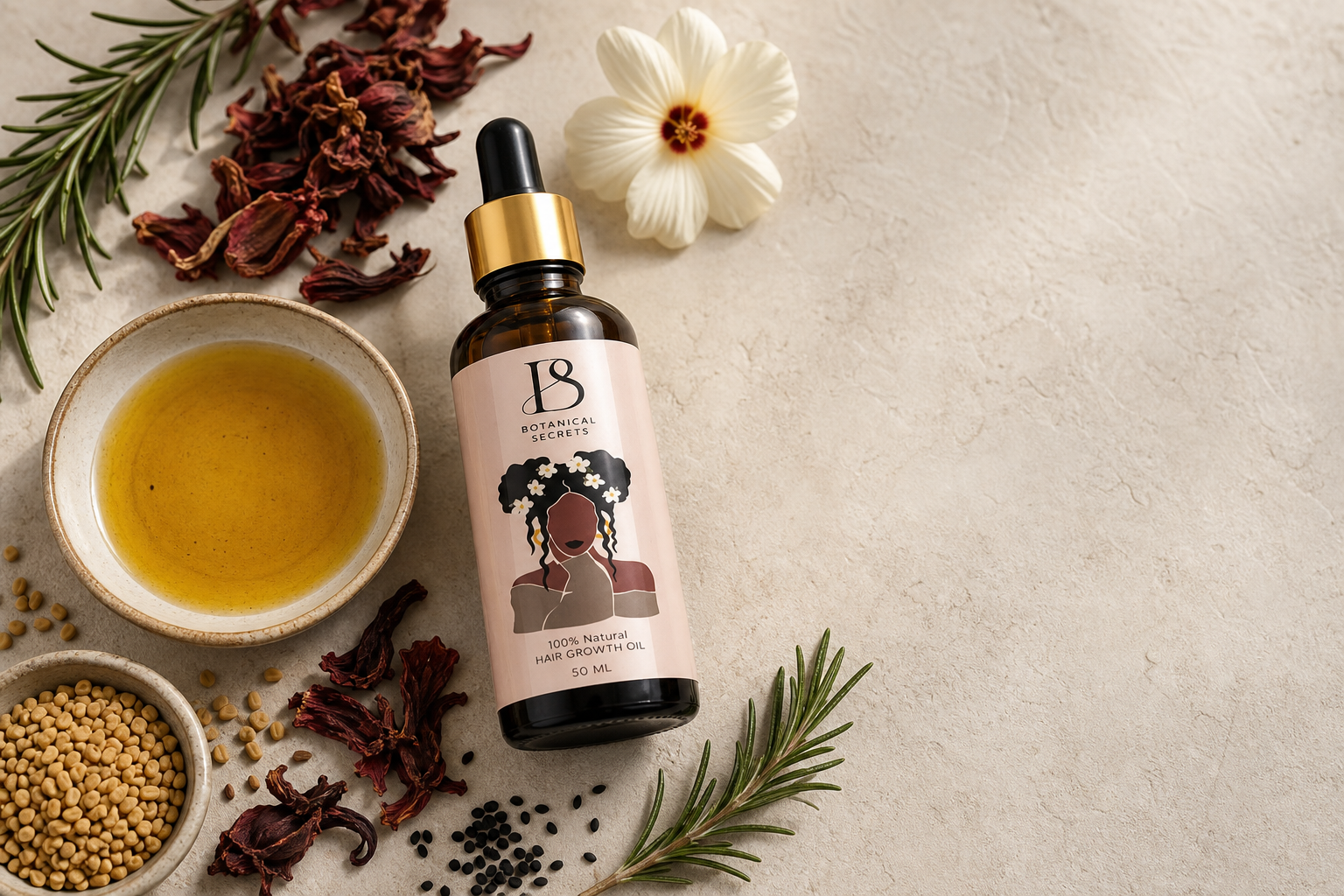 Botanical haircare ingredients and oil bottle